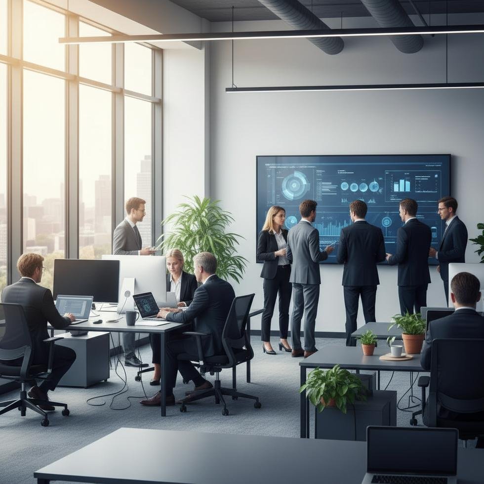 Çeşitli meslek gruplarından profesyoneller bir ofiste çalışıyor