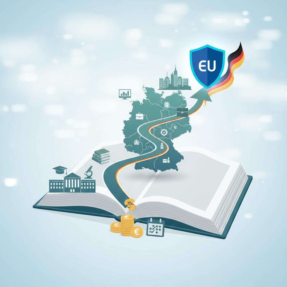 Almanya Blue Card ve öğrencilikten işe geçiş sürecini anlatan grafik