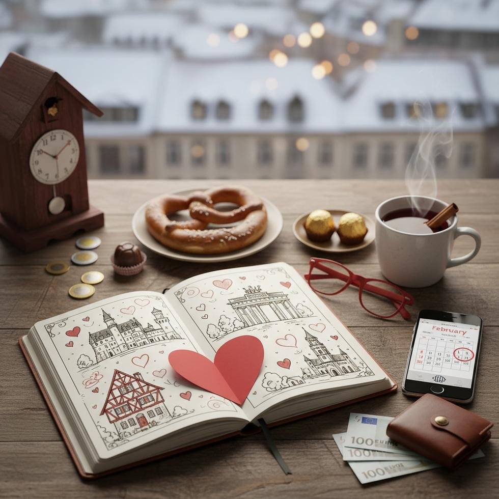 Karda yürüyen çift ve romantik şehir manzarası