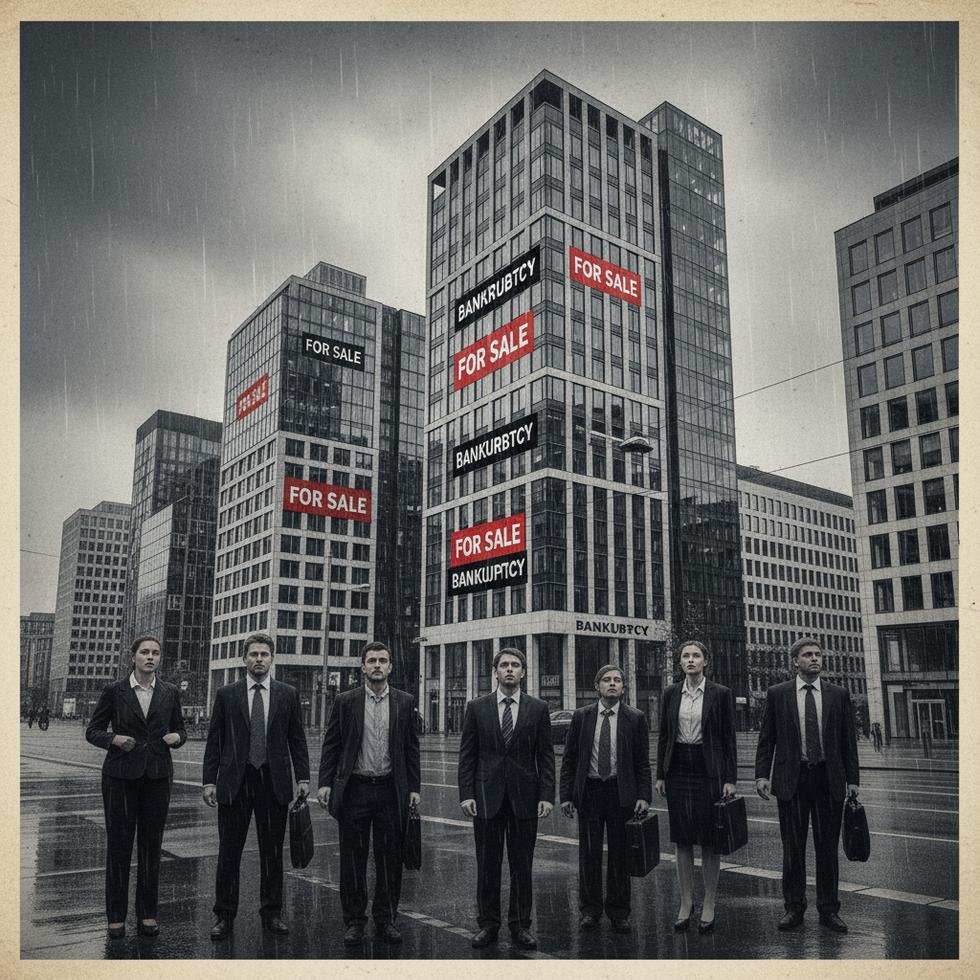 Berlin'de iflas eden şirketlerin önünde endişeli işçiler ve satılık yazılı ofis binaları