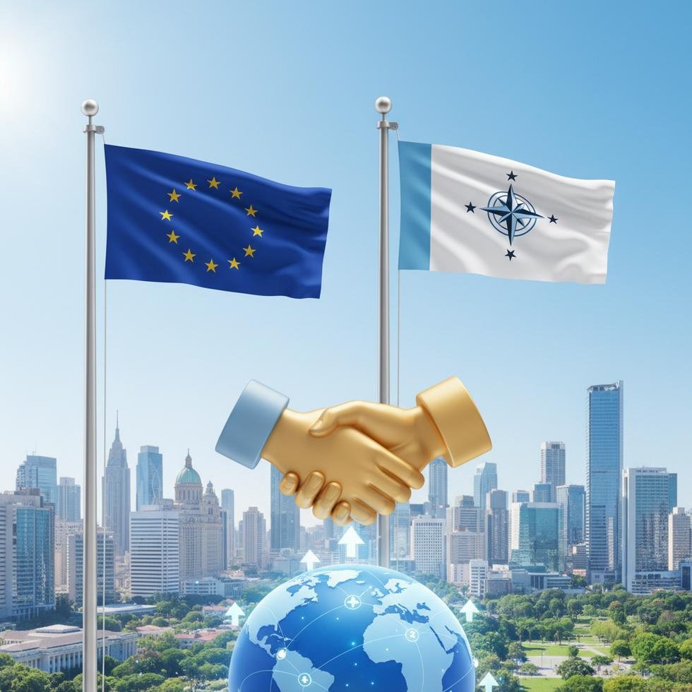 Avrupa Birliği ve Güney Amerika bayrakları, uluslararası ticaret teması