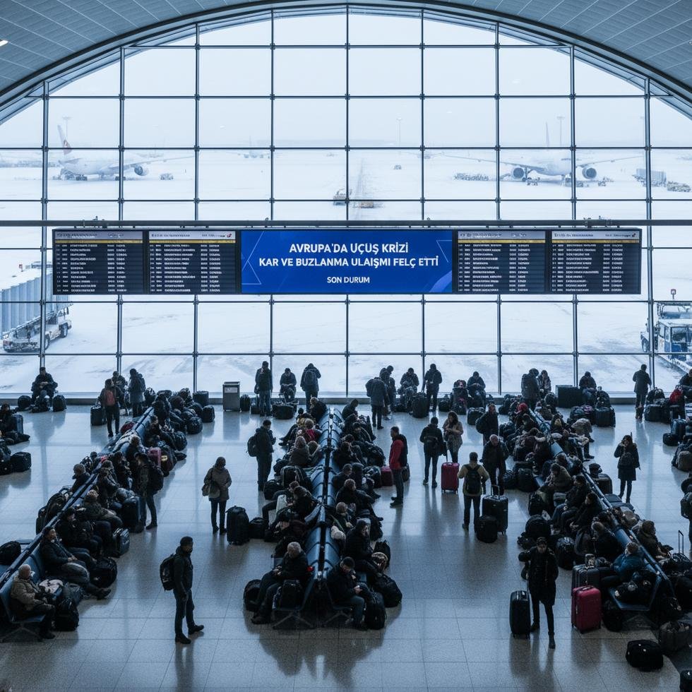Avrupa'da bir havaalanında kış fırtınası nedeniyle mahsur kalan yolcular