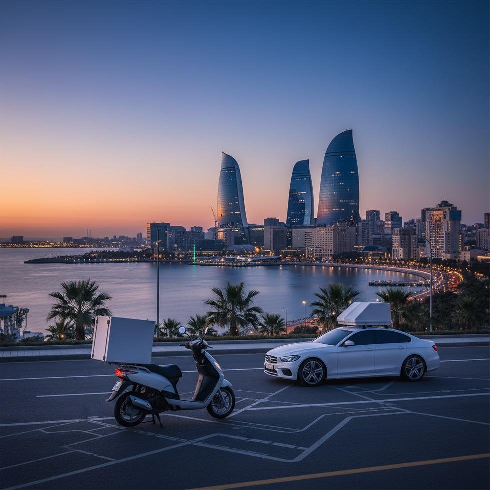 Azerbaycan'da çalışan motosikletli kurye