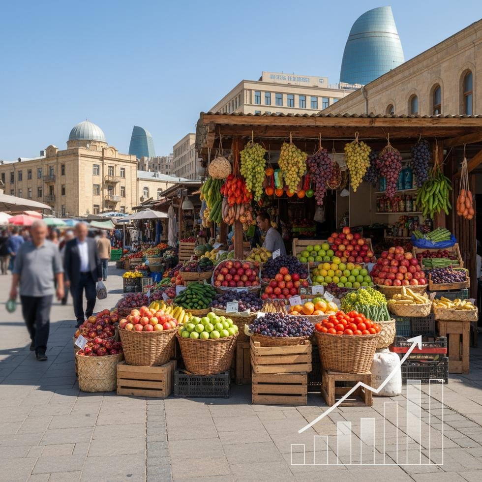Azerbaycan marketinde ürün fiyat etiketlerini inceleyen biri