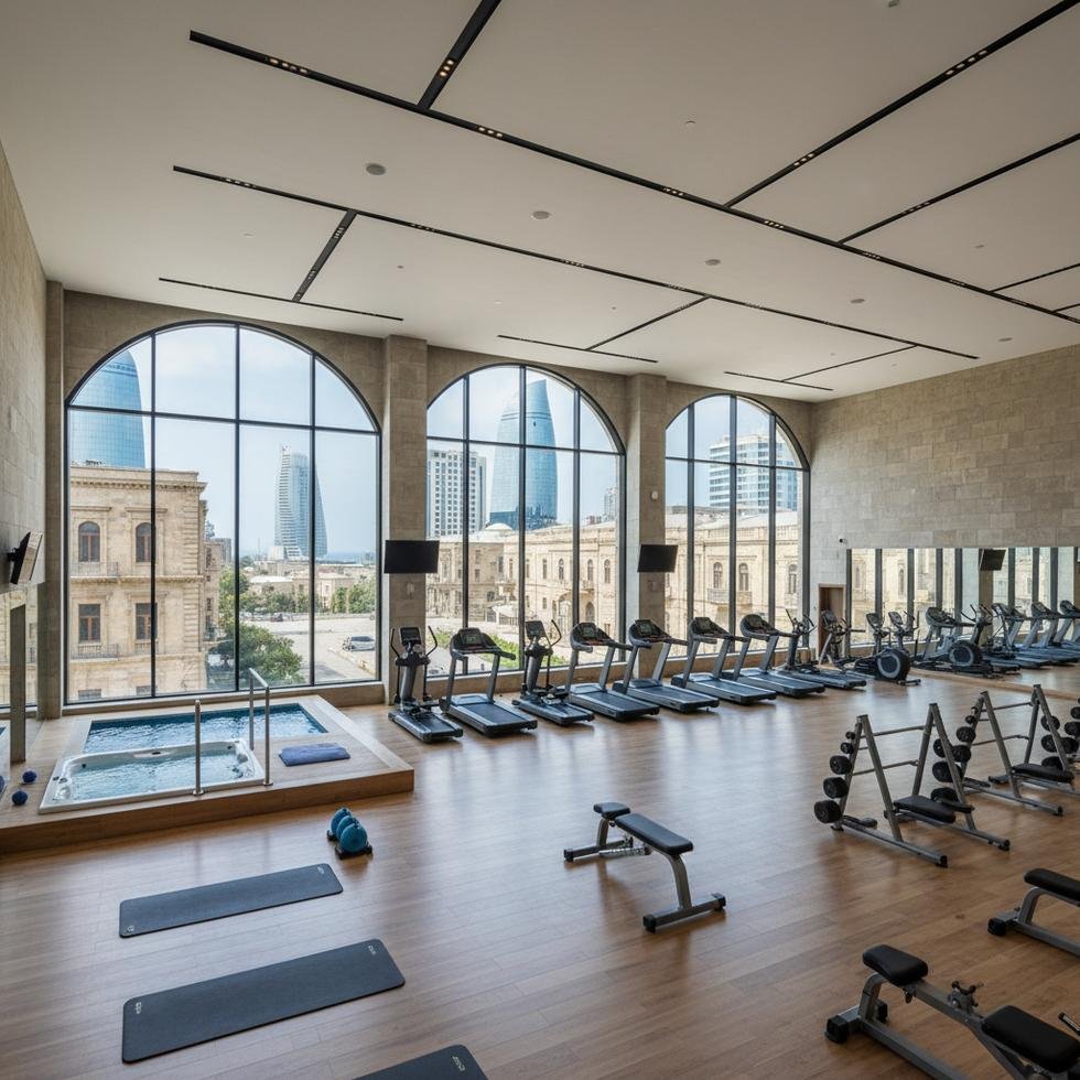 Bakü'de bir spor salonunda egzersiz yapan öğrenciler