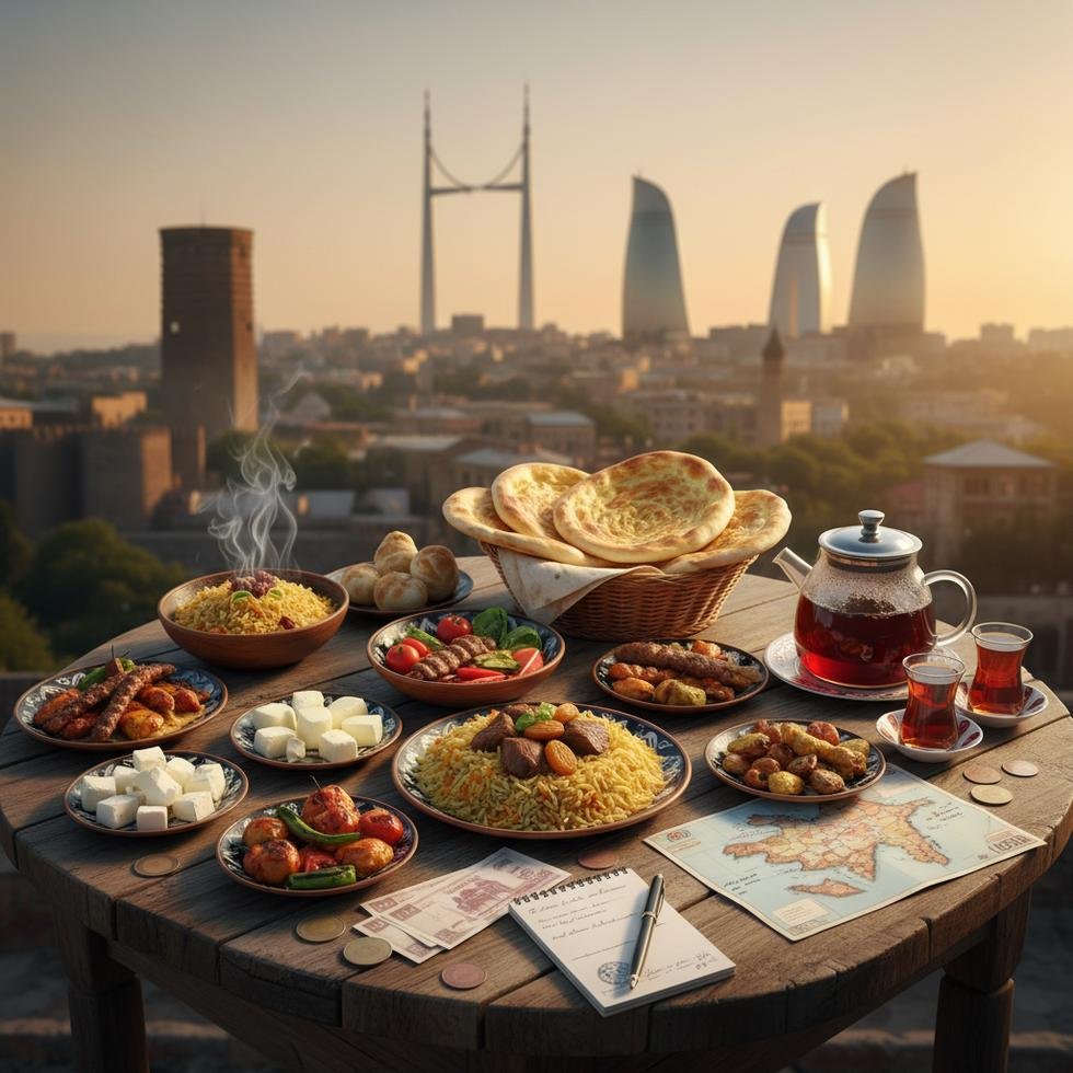 Azerbaycan'da restoranda yemek yiyen insanlar