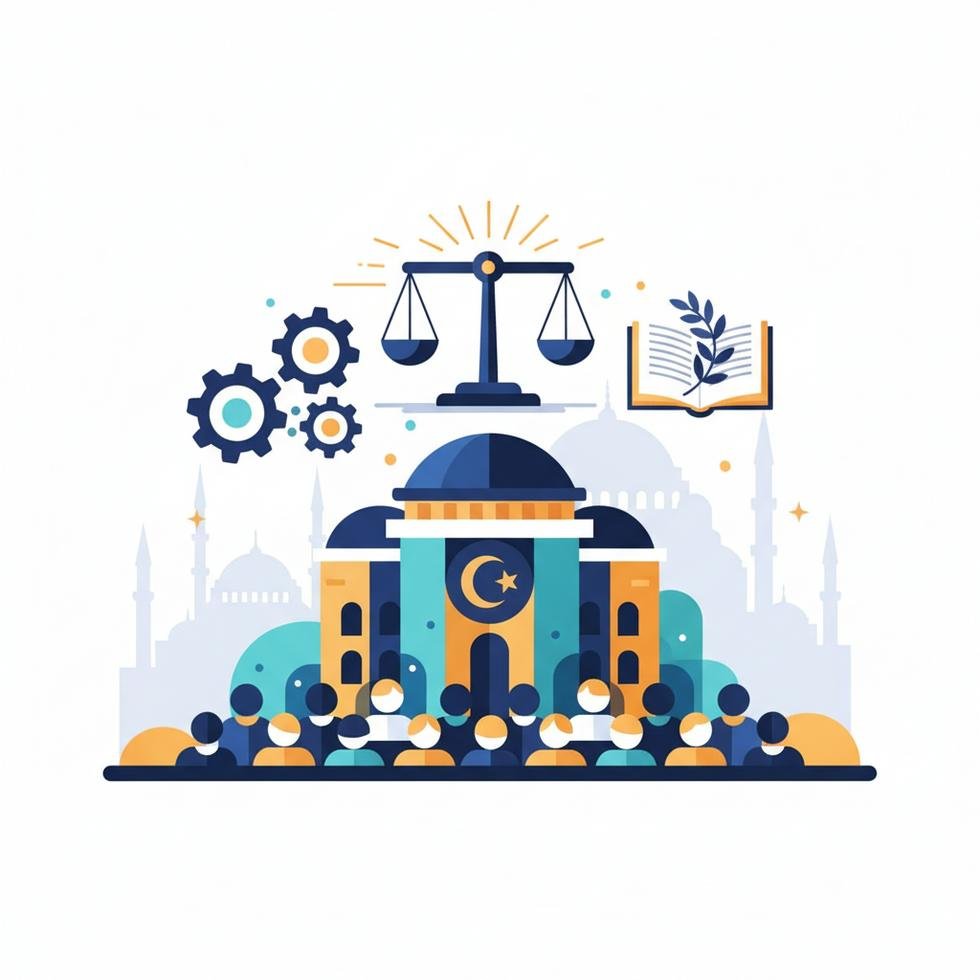 Türkiye’de düzenlenen bir sendika ve hukuk sempozyumu sırasında konuşan yetkilileri gösteren modern bir sahne.