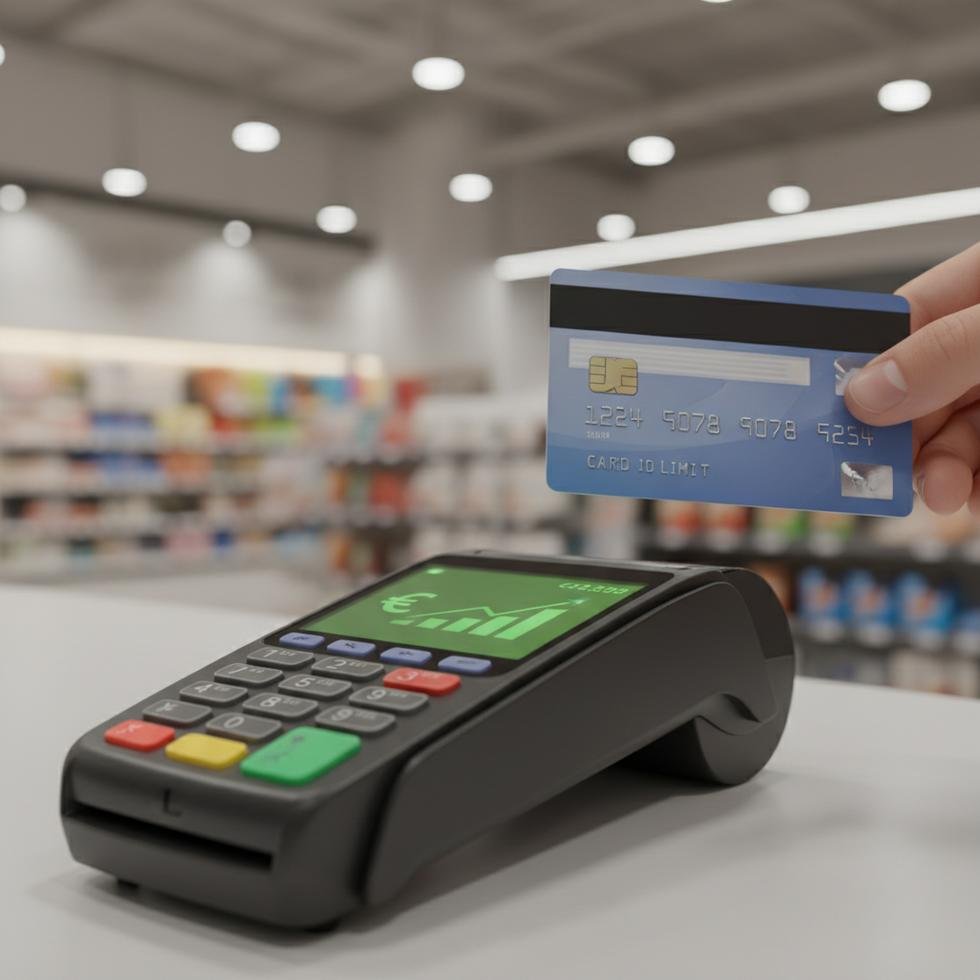 Contactless credit card payment in progress at a retail terminal