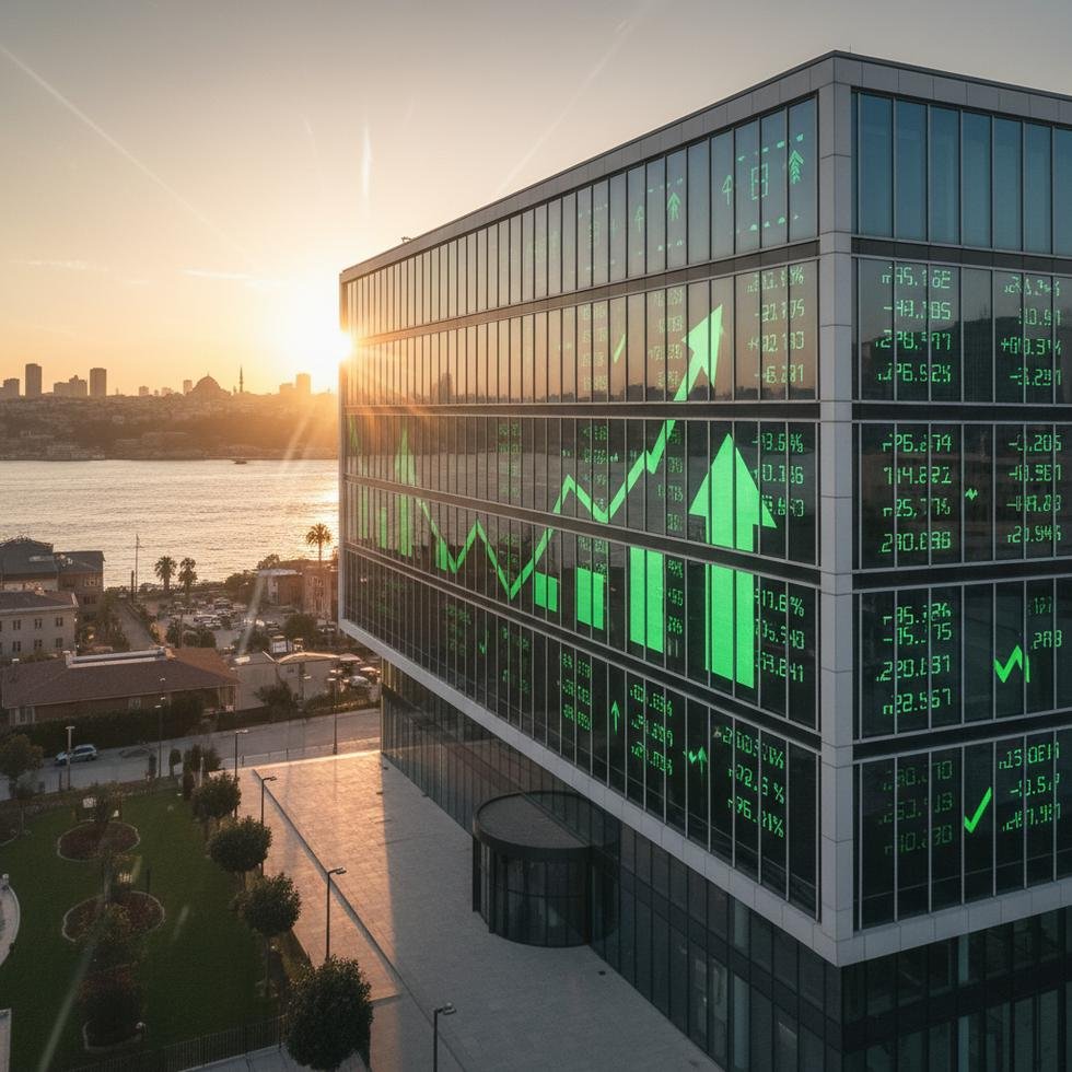 Borsa İstanbul binası ve yükselen dijital borsa endeksi grafikleri