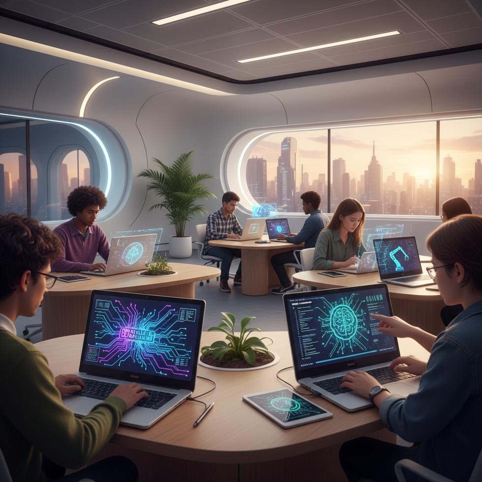 Gençler, modern bir eğitim ortamında yapay zeka eğitimine online katılıyor.