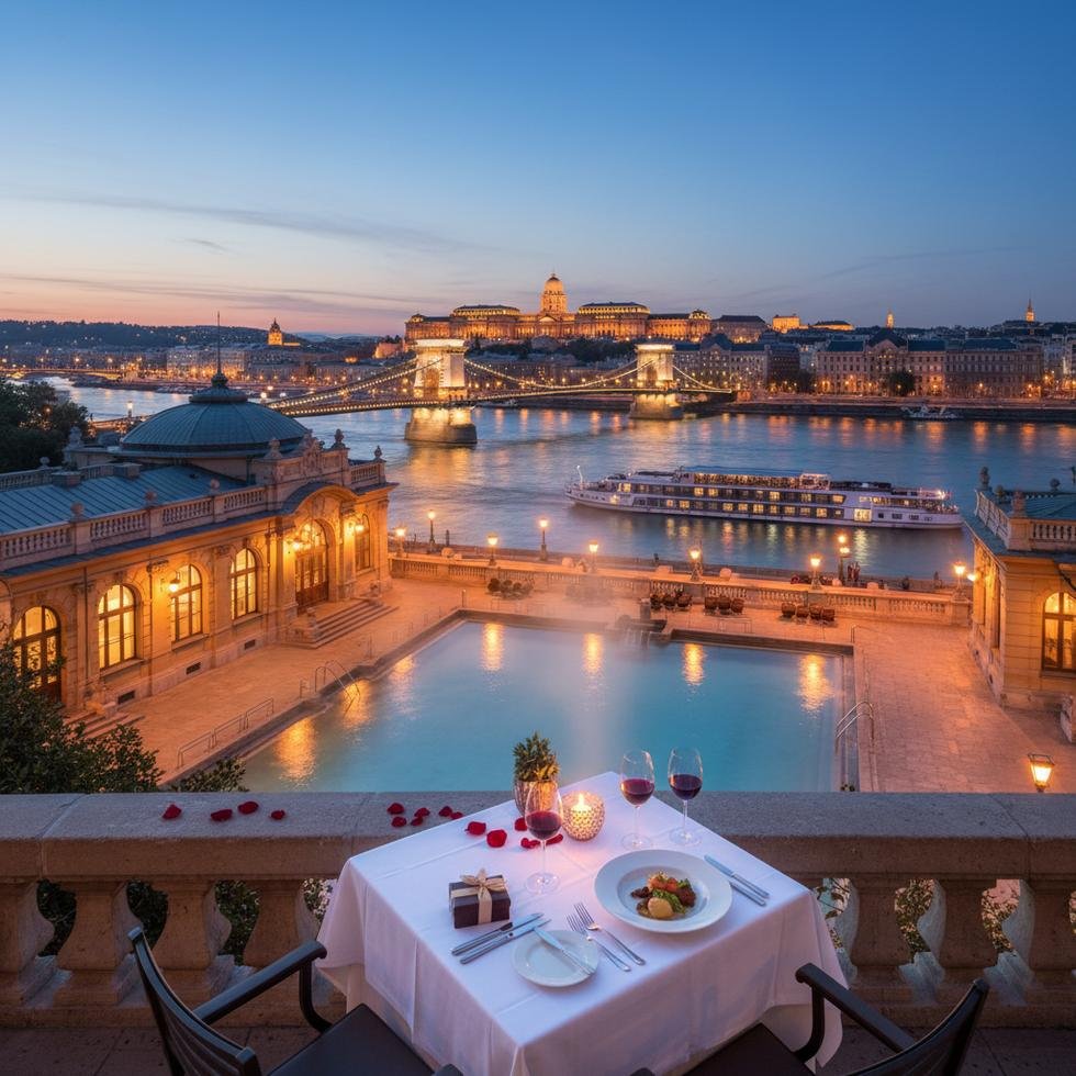 Budapeşte'de Sevgililer Günü için akşam saatlerinde Tuna Nehri üzerinde romantik bir görünüm