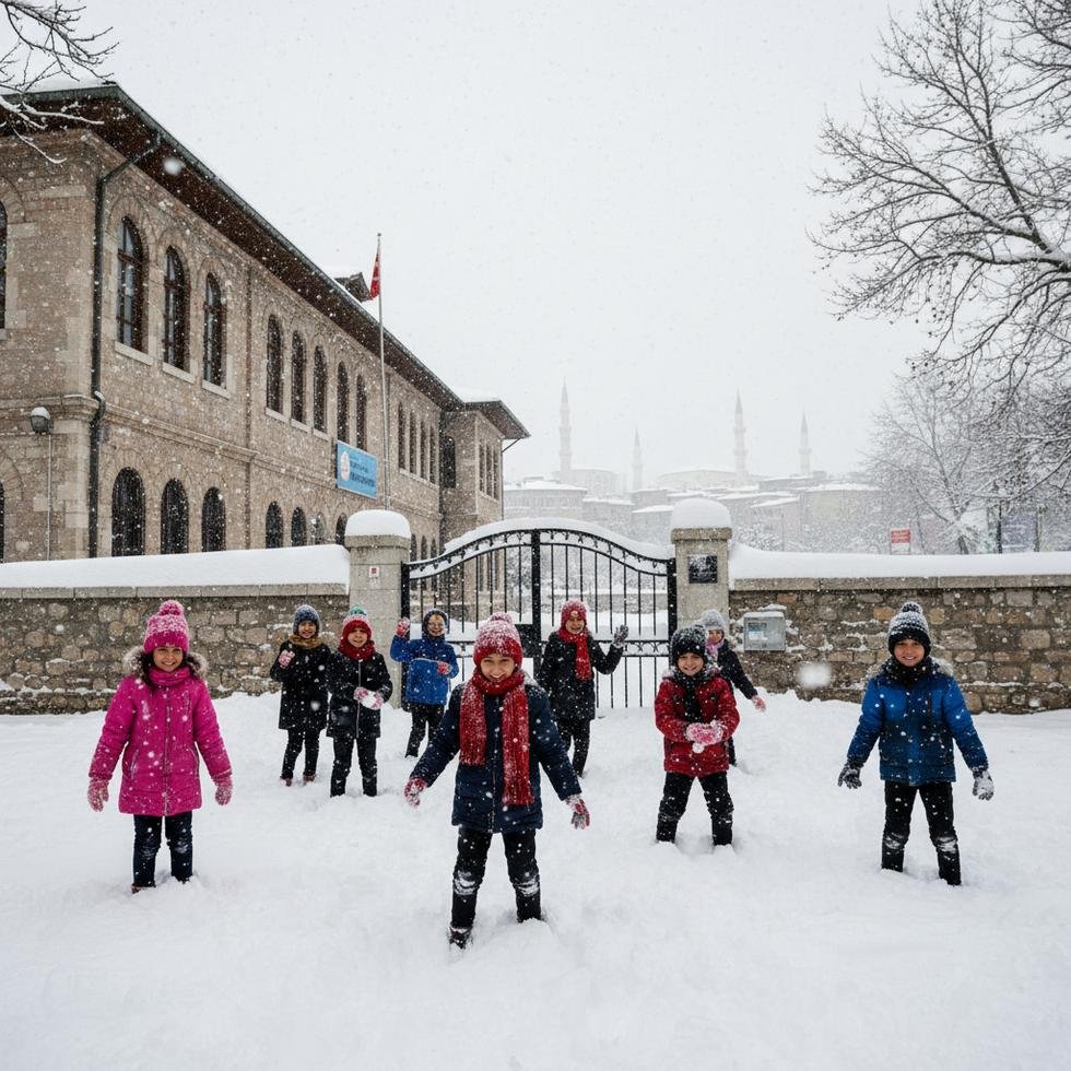Yoğun kar yağışı nedeniyle kapalı olan bir okulun önünde oynayan Türk öğrenciler.