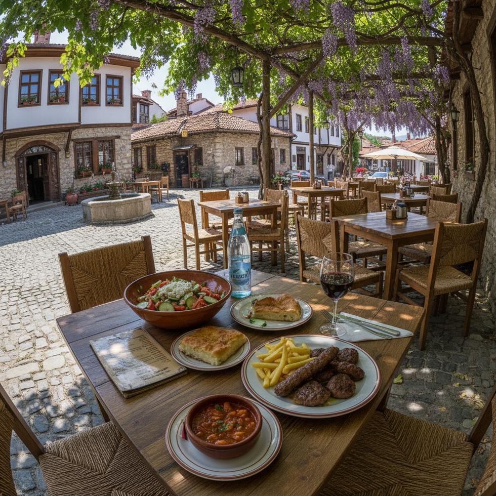 Bulgaristan’da bir restoranda iki kişilik masa ve yemek menüsü