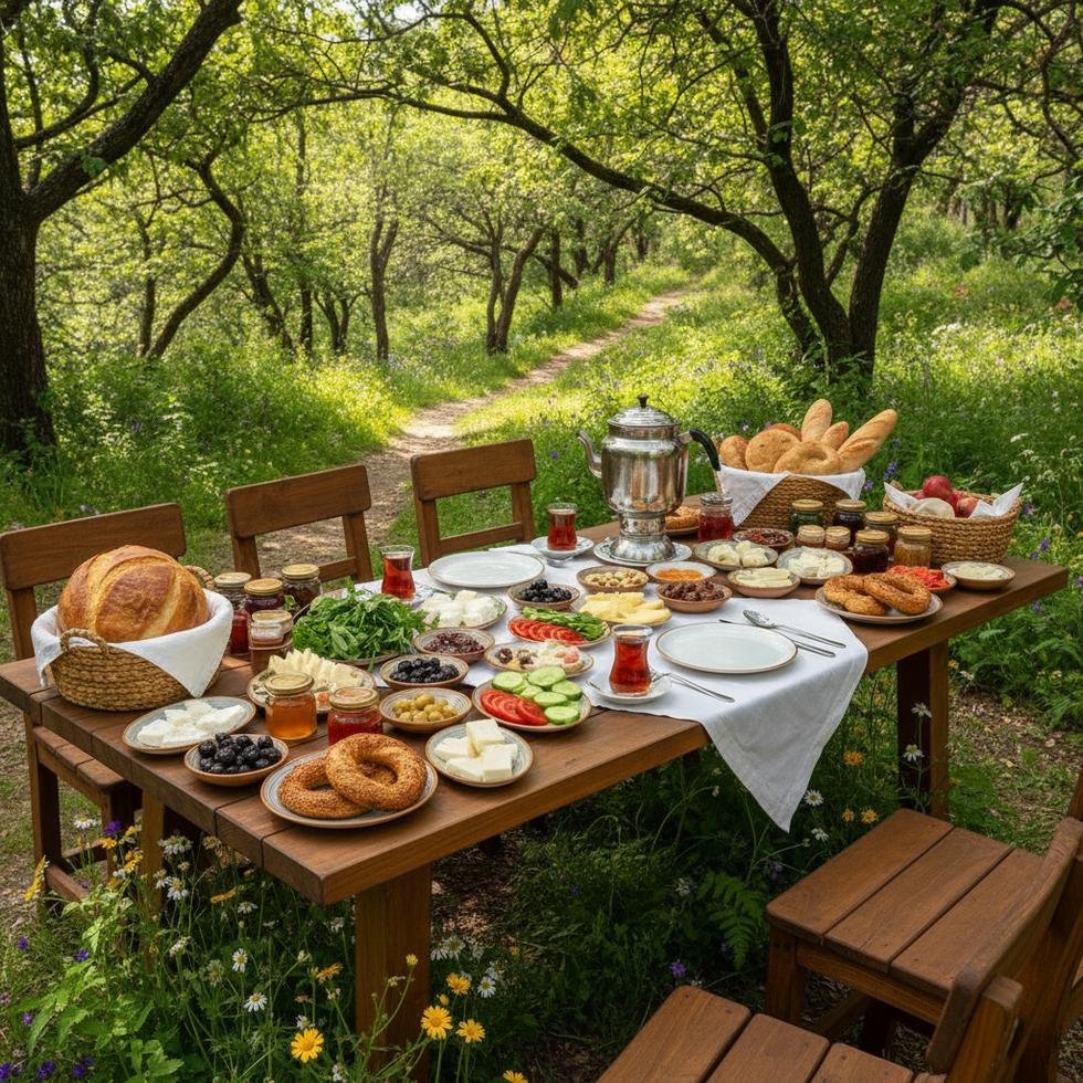 Natural outdoor table with traditional Turkish breakfast dishes and tea