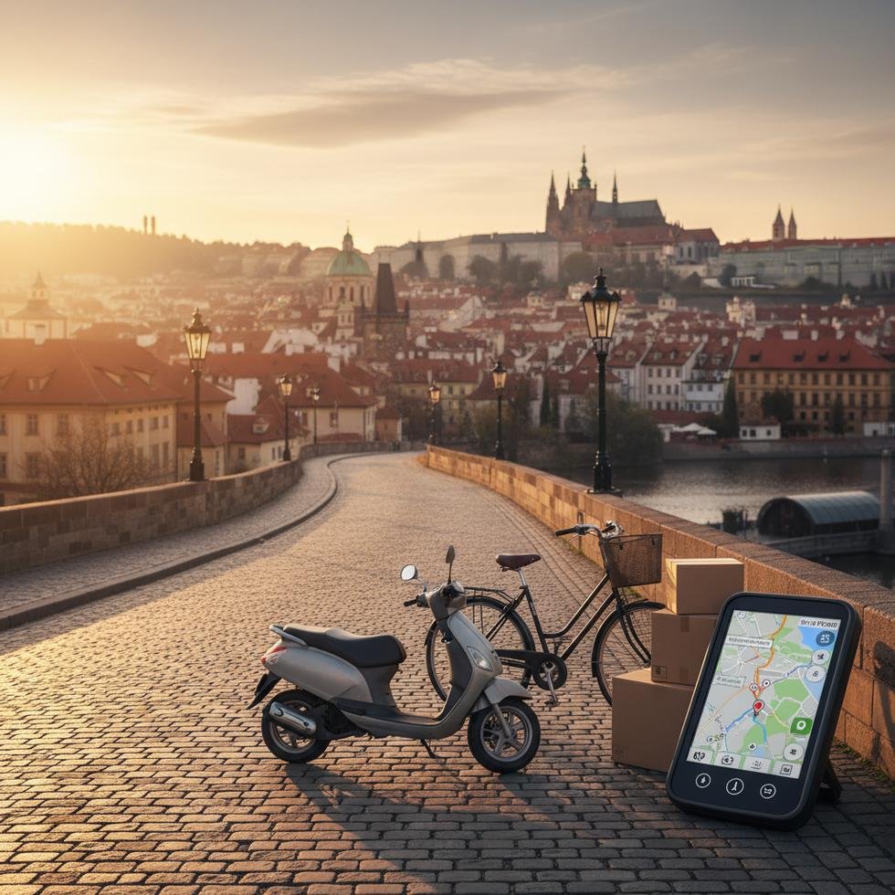 Çekya’da bisikletli kurye teslimat sırasında