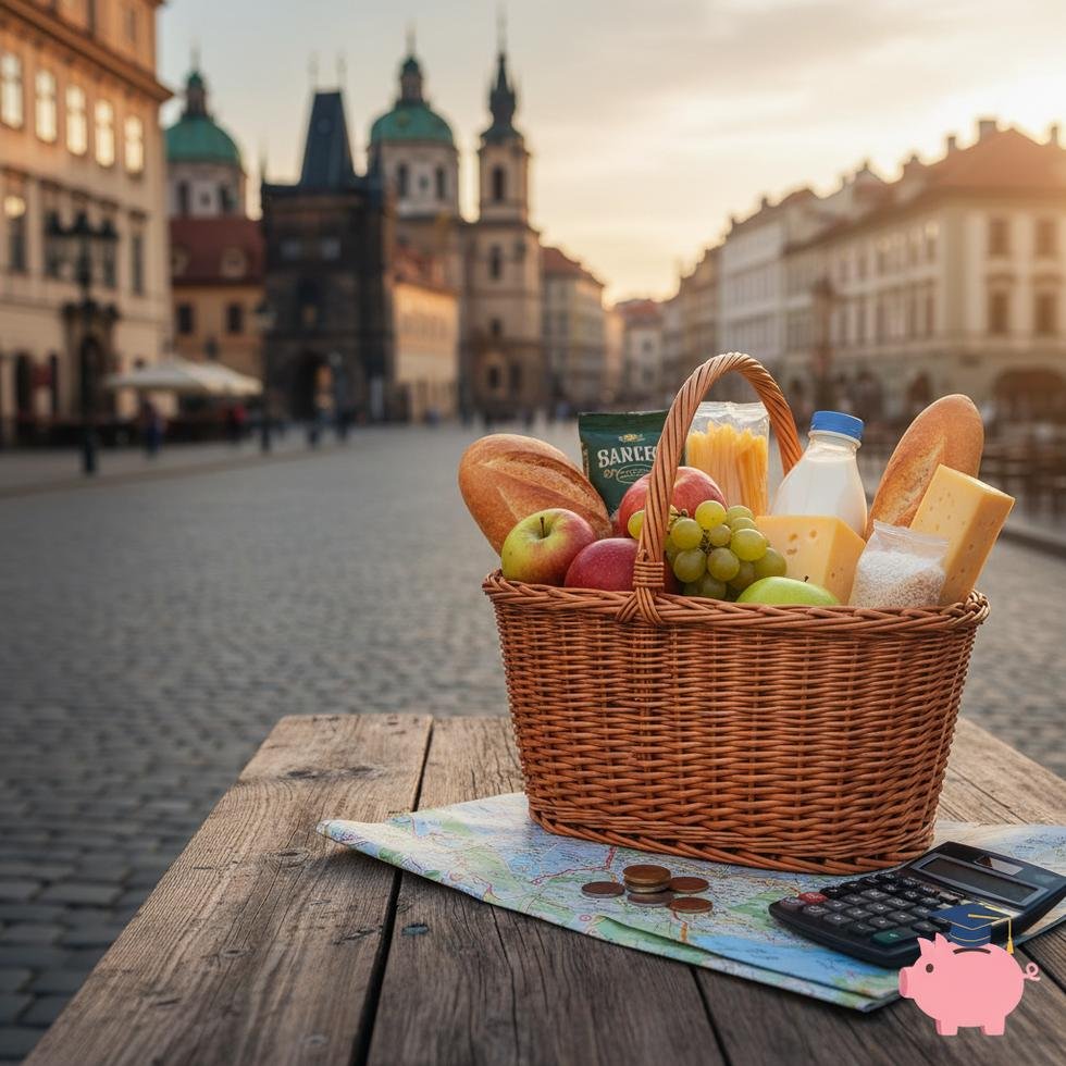 Çekya market fiyatlarını gösteren ürün etiketli raflar