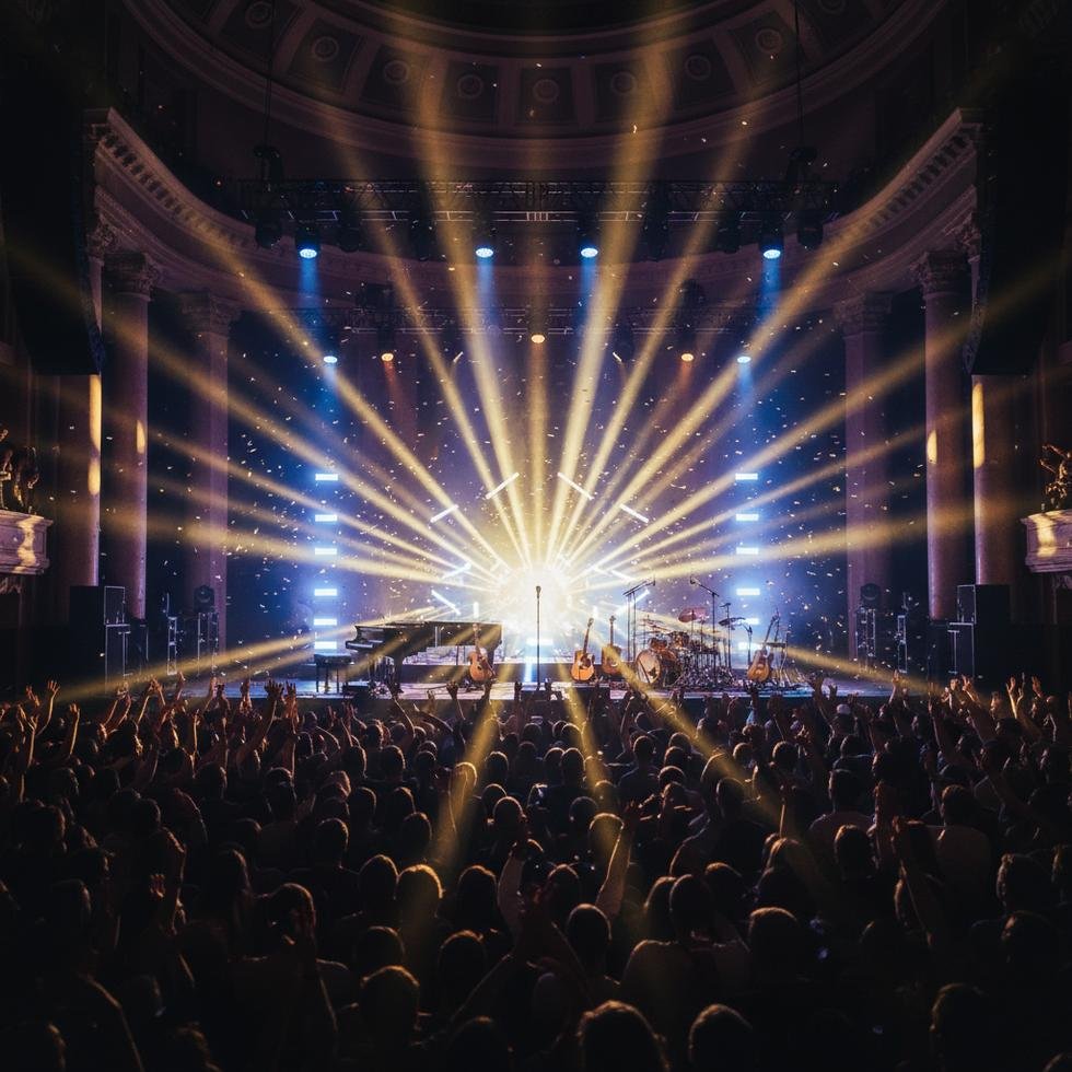 Avrupa’da sahnede konser veren Cenk Eren ve onu izleyen kalabalık bir seyirci