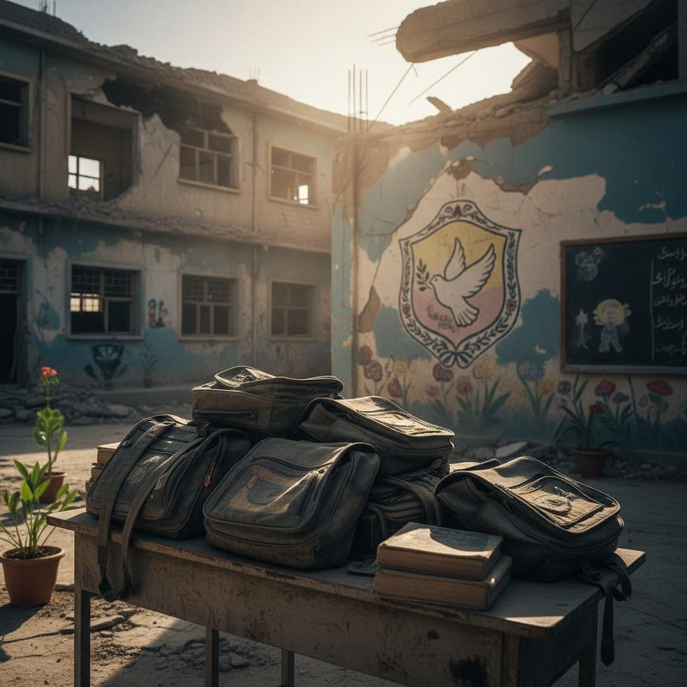 Gazze'de savaş sonrası hasar görmüş okula dönen çocuklar.