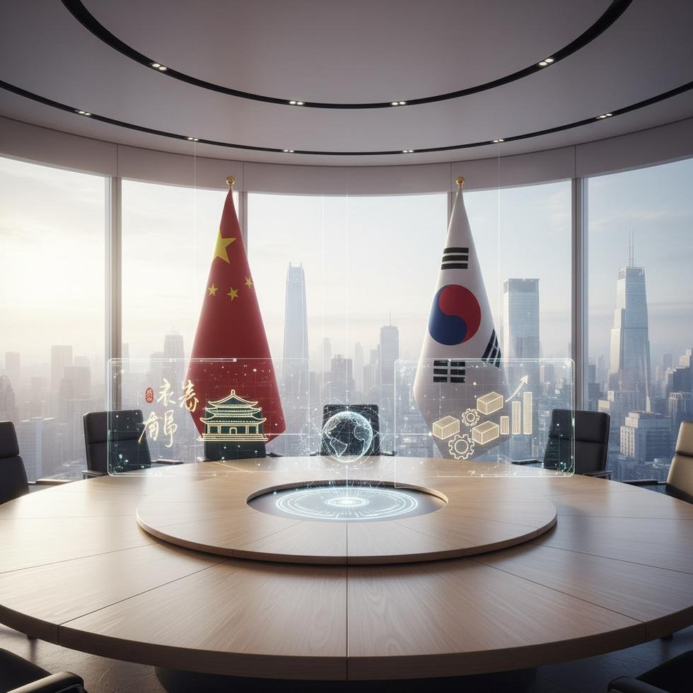 Pekin’de Güney Kore ve Çin liderlerinin görüşmesi sırasında ulusal bayraklar