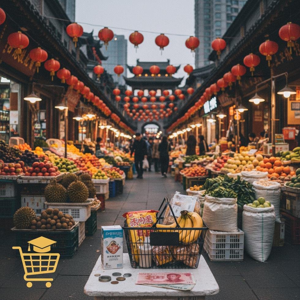 Çin marketinde meyve-sebze reyonu ve fiyat etiketleri