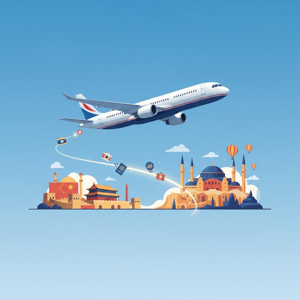 Çin'den Türkiye'ye gitmek için uçağa binen mutlu yolcular ve uçak