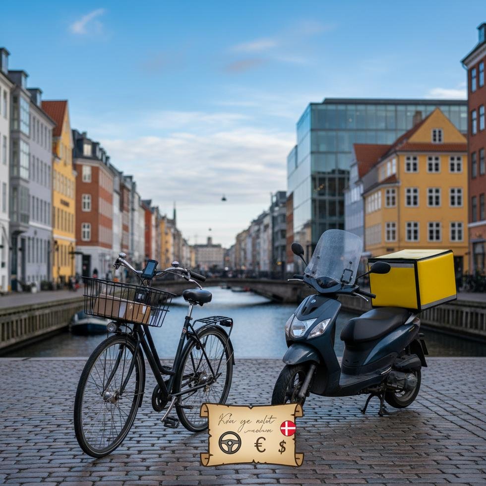 Danimarka’da kuryelik yapan bir bisikletli teslimat görevlisi