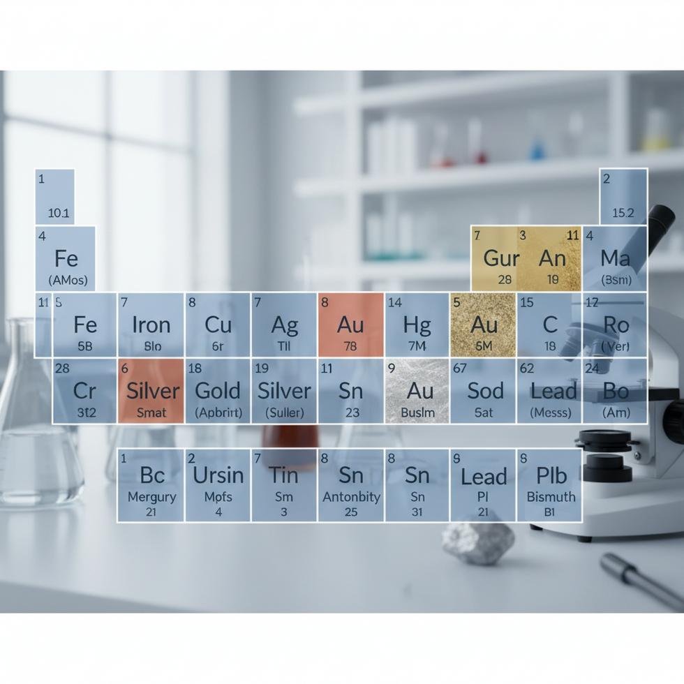 Periodic table with highlighted elements iron, copper, silver, gold, mercury, carbon, sulfur, tin, antimony, arsenic, lead, and bismuth