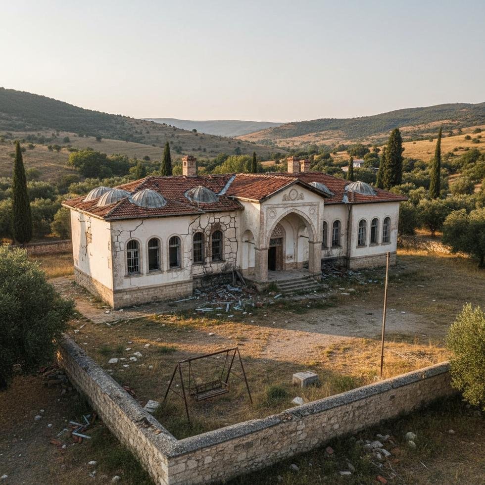 Batı Trakya’da tahrip edilen Türk azınlık ilkokulu binası ve boş okul bahçesi.