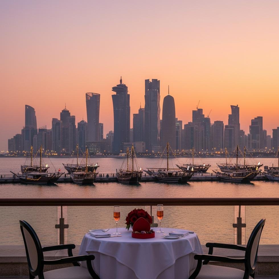 Doha Corniche bölgesinde gün batımında yürüyen çift