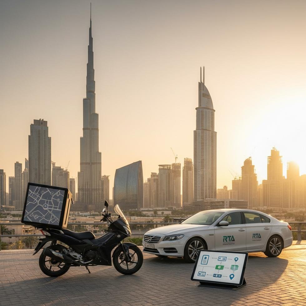 Dubai'de motosikletli kurye ekipmanı ile çalışma