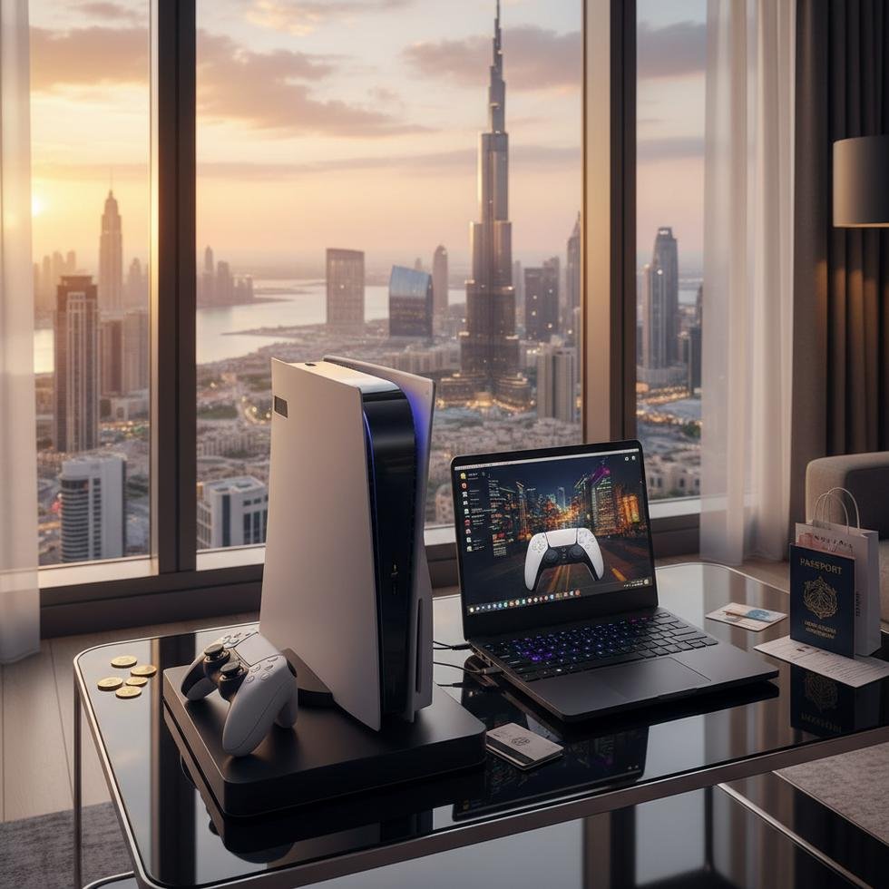 Dubai'deki elektronik mağazasında PS5 ve laptop vitrinleri