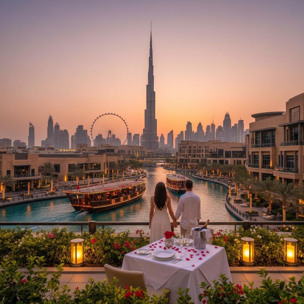 Dubai'de gün batımında romantik bir çift