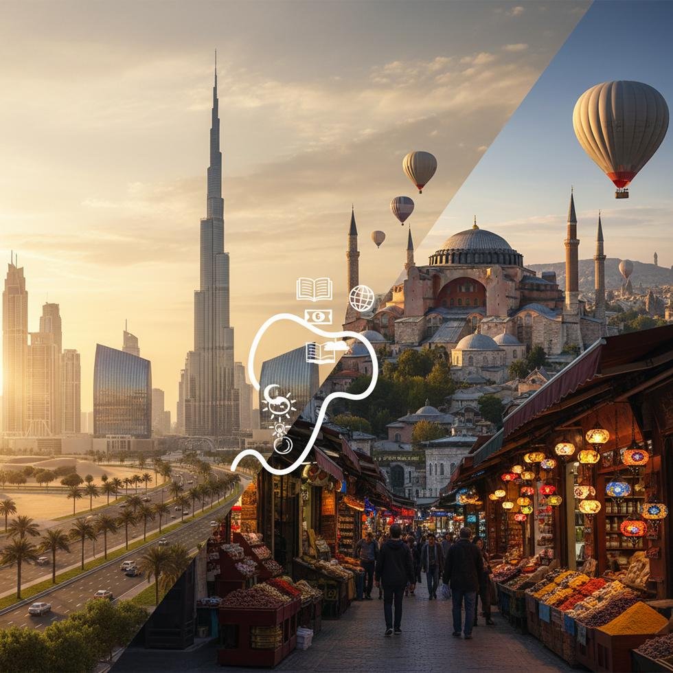Dubai ve Türkiye'de yaşam farklarını karşılaştıran tablo ve şehir görselleri
