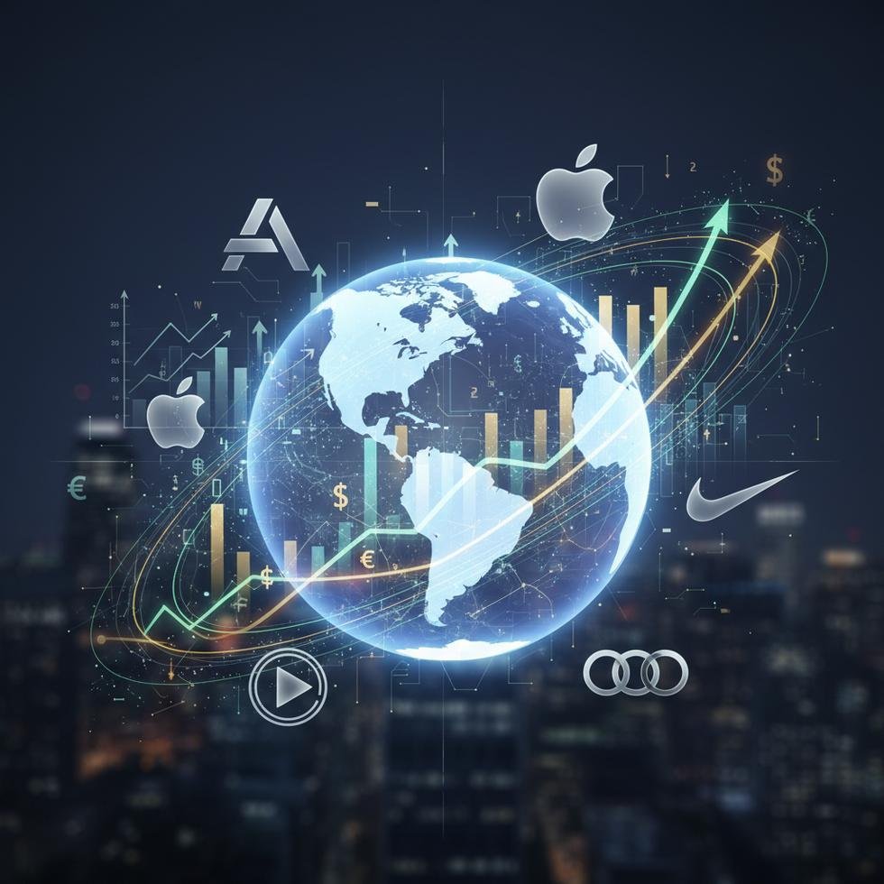 Globe with global brand logos and financial data graphics
