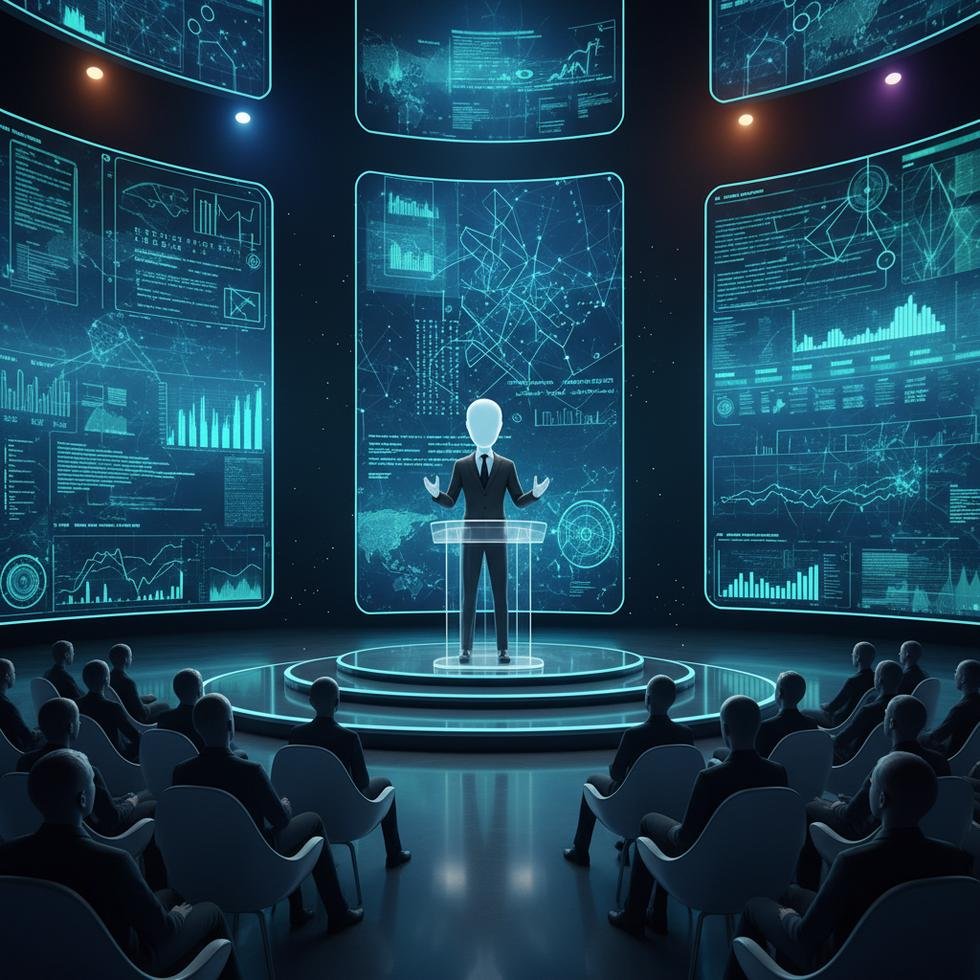 CEO speaking at an economic forum with digital AI charts in the background