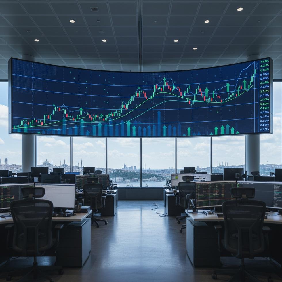 Borsa İstanbul’da yükseliş grafiğini gösteren modern ekran ve yatırımcılar.