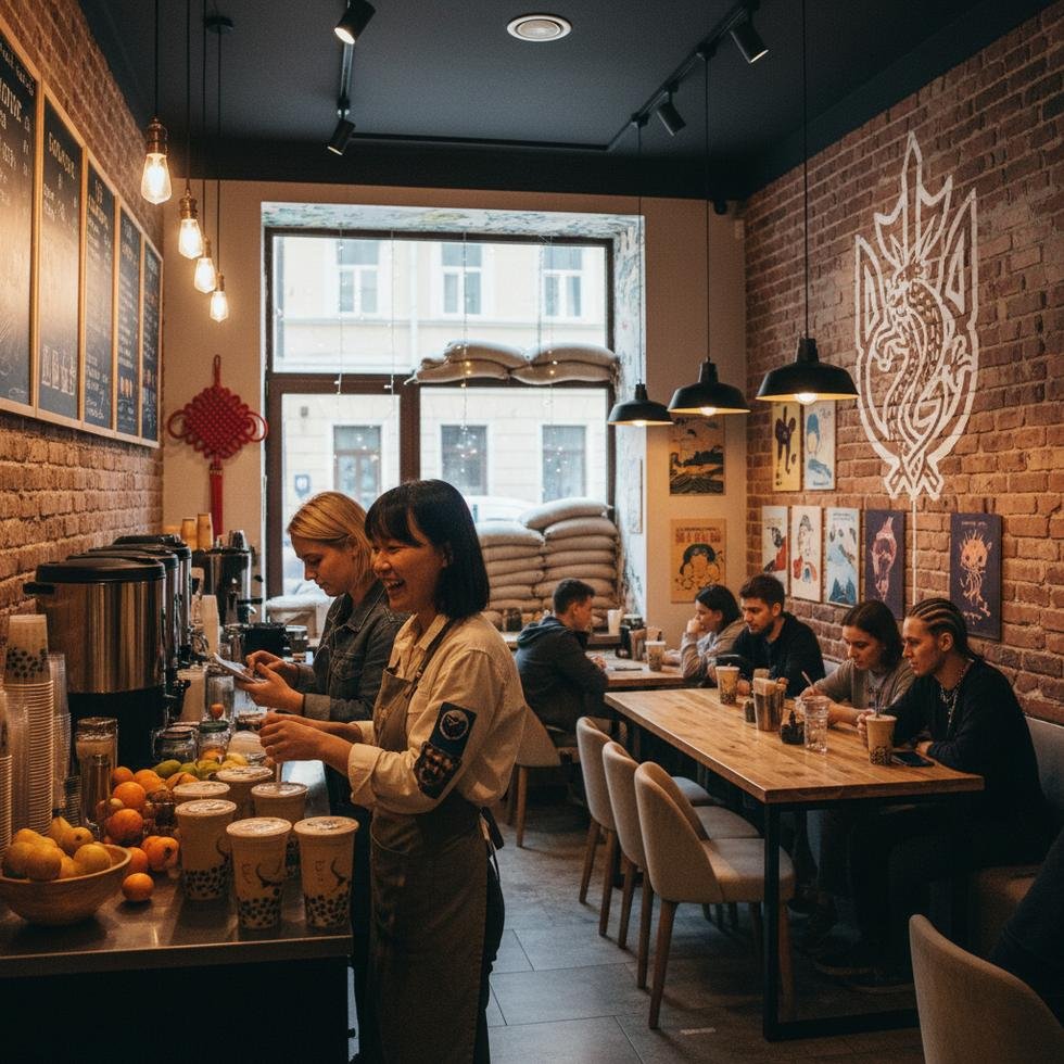 Ukrayna’da Çinli gönüllü ve yerel halkın birlikte çalıştığı bir bubble tea kafesi