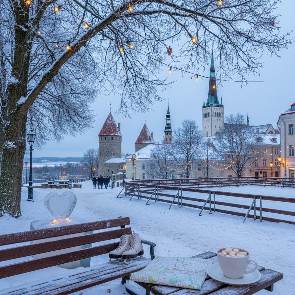 Kışın Tallinn Eski Şehir'de yürüyen bir çift