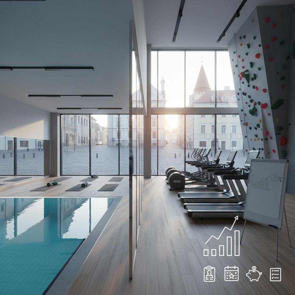 Estonya'da spor salonu üyelik ücretlerini gösteren tablo ve tesis görüntüleri