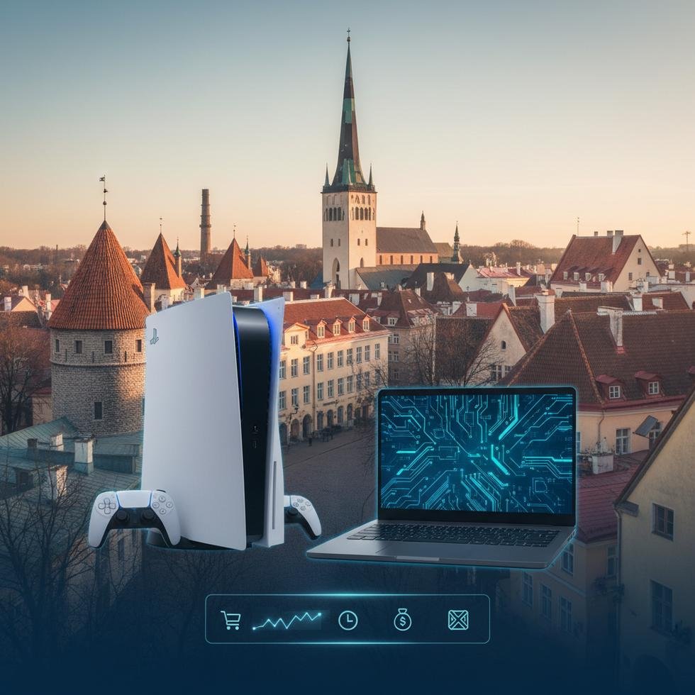 Estonya'da PS5 ve gaming laptop fiyatlarını gösteren tabloyu görüntüleyen bir öğrenci