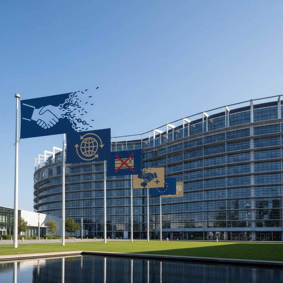European Parliament building with EU flags symbolizing trade policies