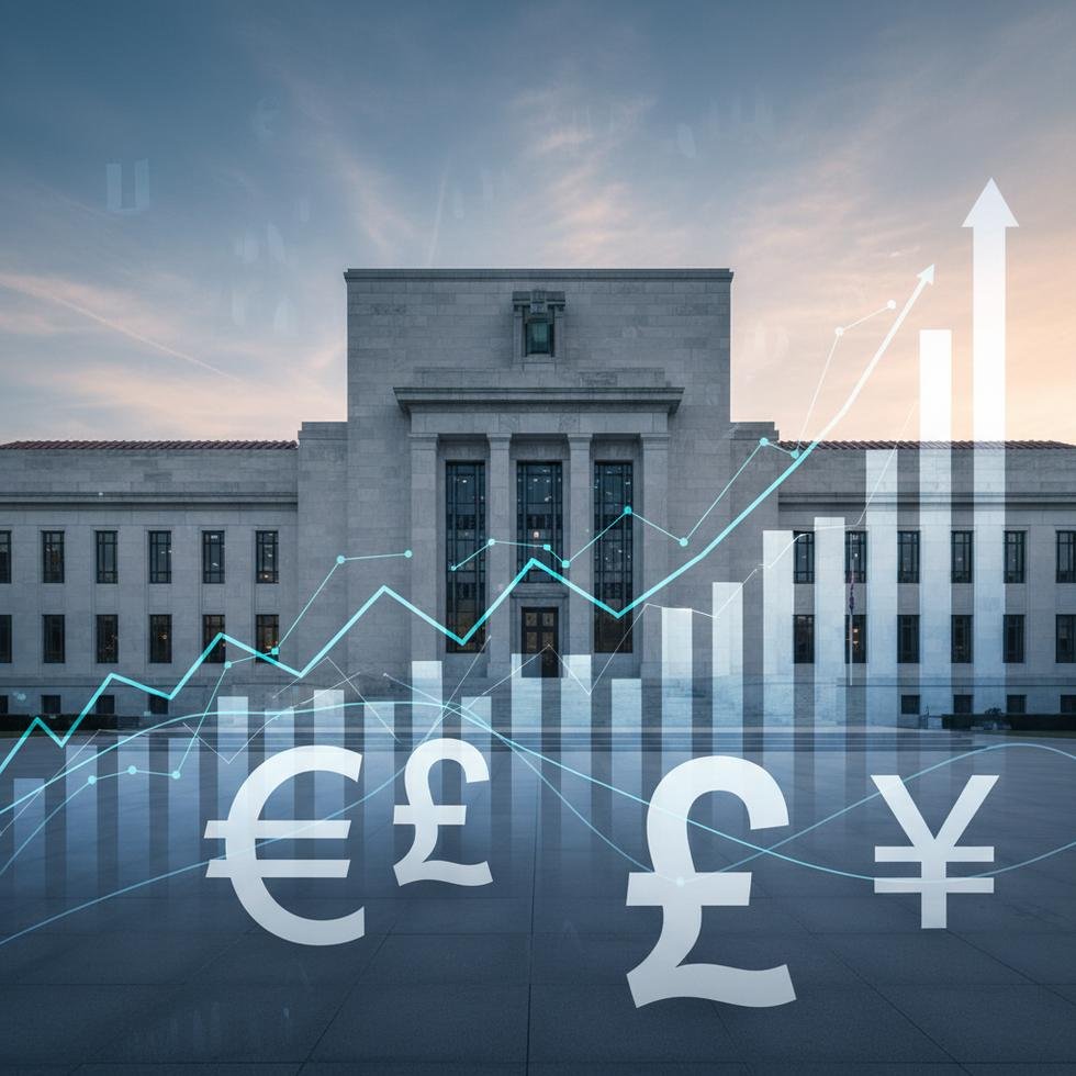 ABD Merkez Bankası binası ve küresel para piyasalarını temsil eden finansal grafikler