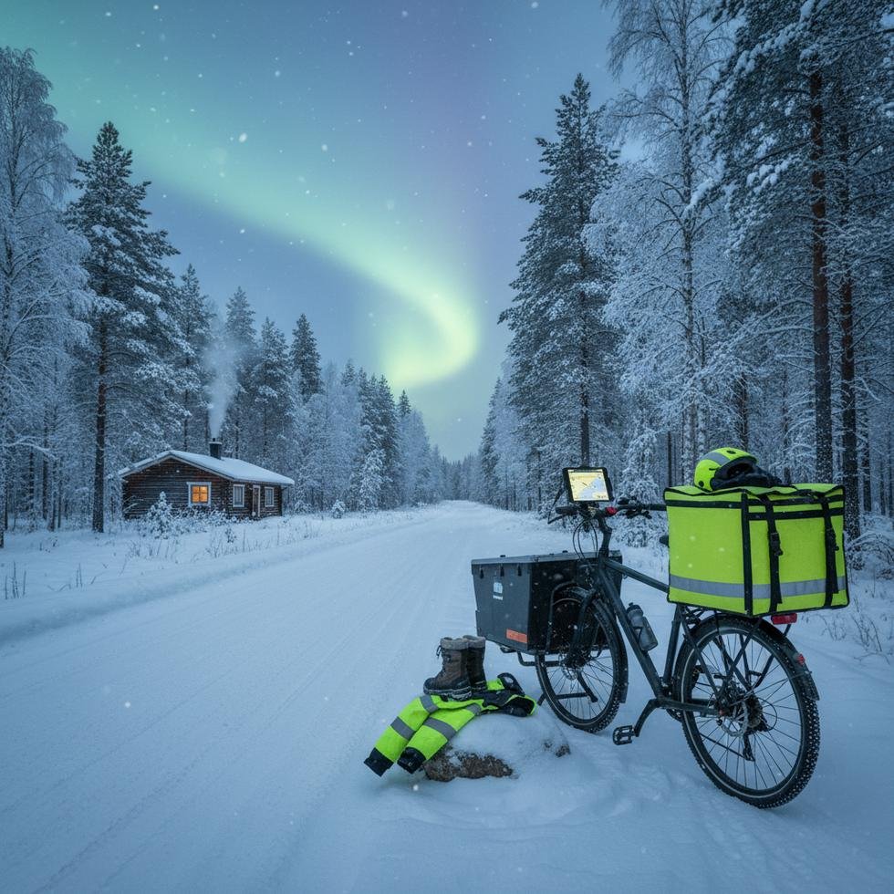 Finlandiya’da kışın bisikletle kurye olarak çalışan bir kişi
