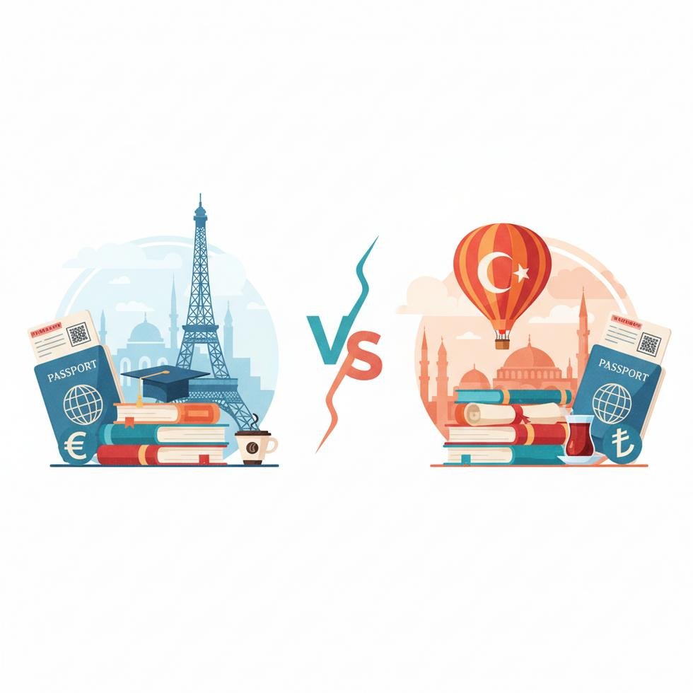 Fransa ve Türkiye bayrakları önünde öğrenciler