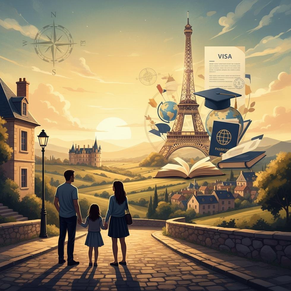 Fransa'da öğrenciyle seyahat eden aile için valizle havaalanında bekleyen çift