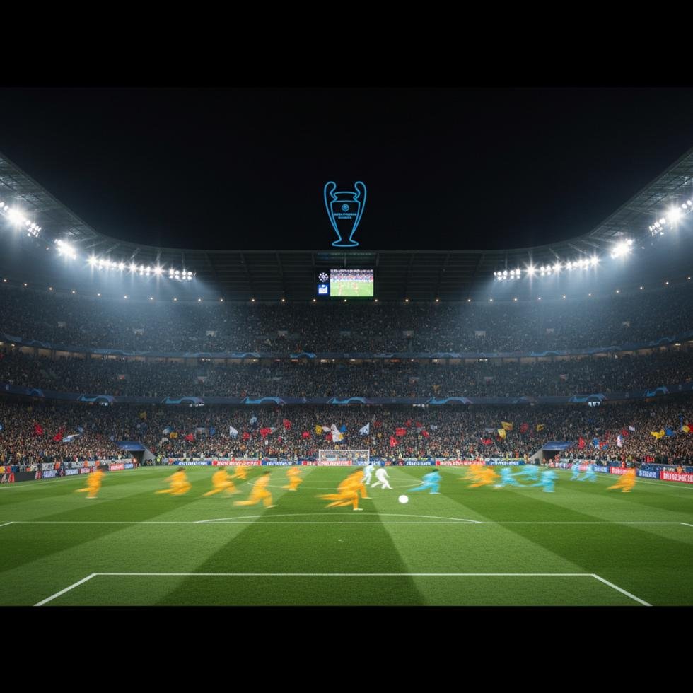 UEFA Şampiyonlar Ligi maçını izleyen futbolseverler ve stadyum görüntüsü