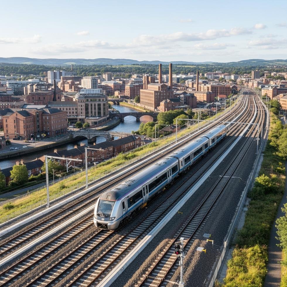 Upgraded northern England railway with modern train passing through city