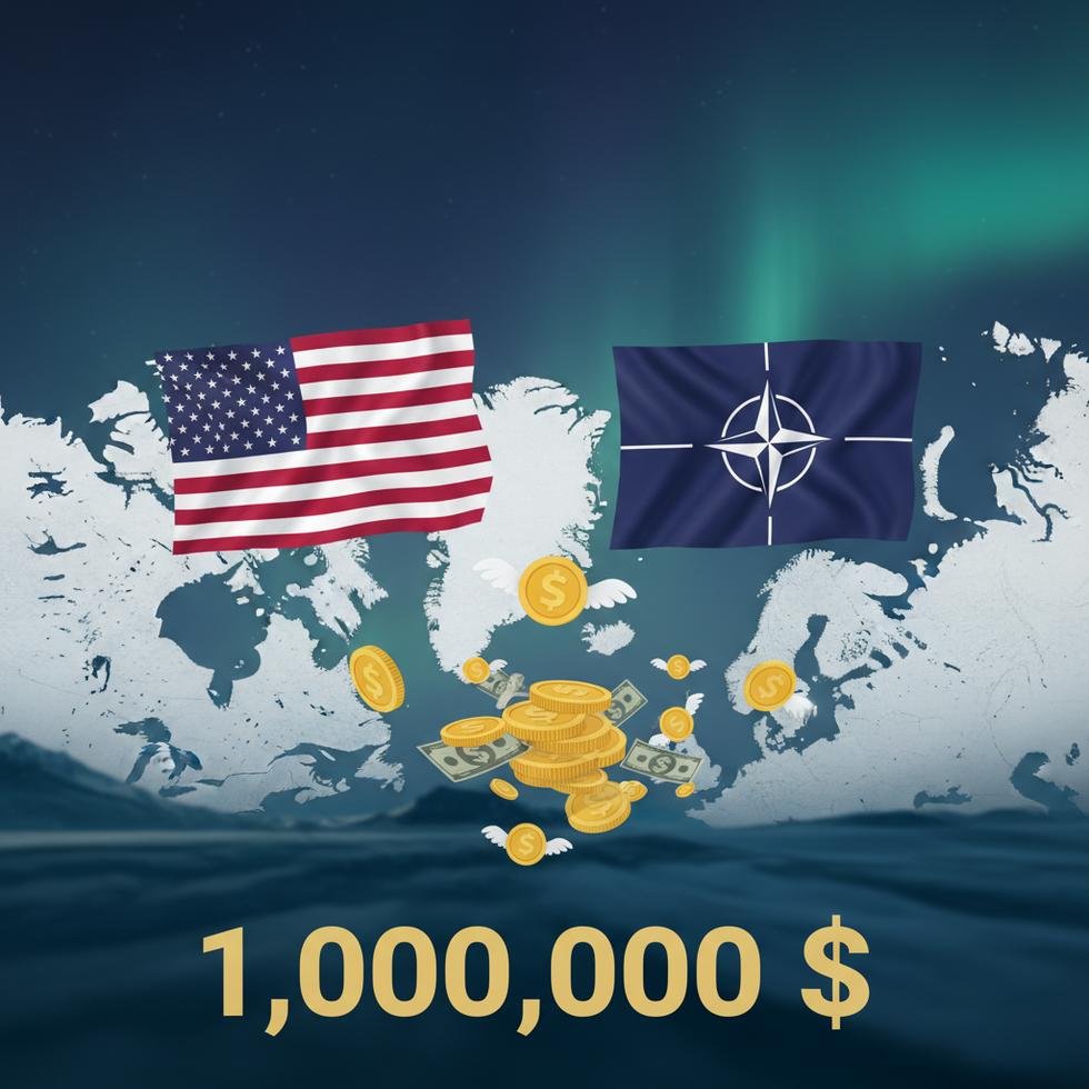 Grönland haritası, ABD ve NATO bayrakları ile finansal anlaşma simgeleri