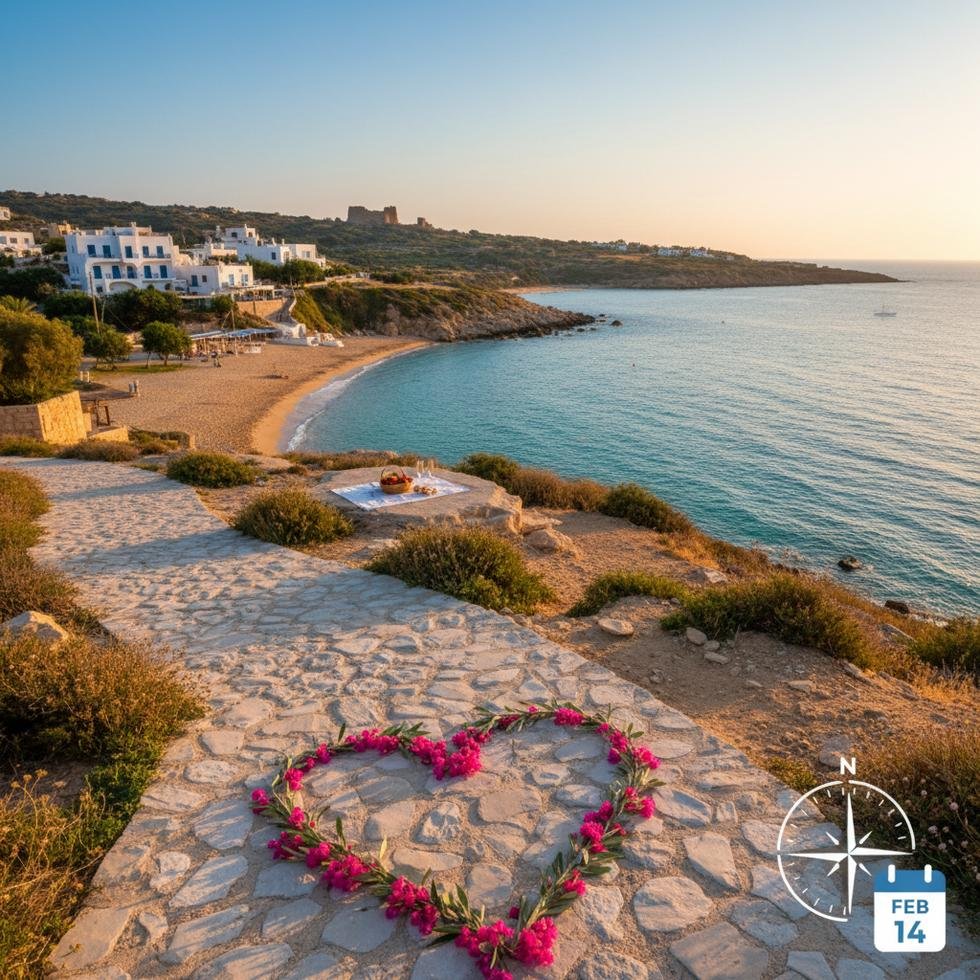 Şubat ayında Güney Kıbrıs sahilinde gün batımı yürüyüşü yapan bir çift