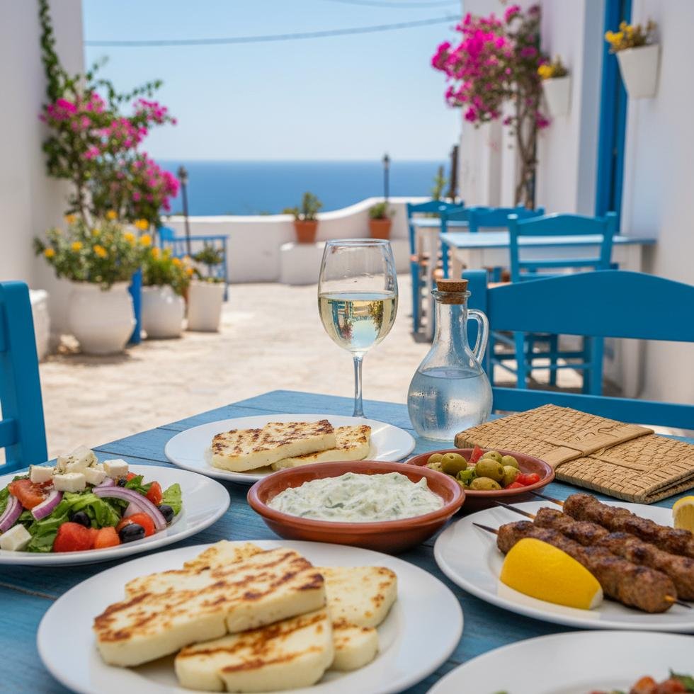 Güney Kıbrıs’ta bir restoranda geleneksel Akdeniz yemekleri